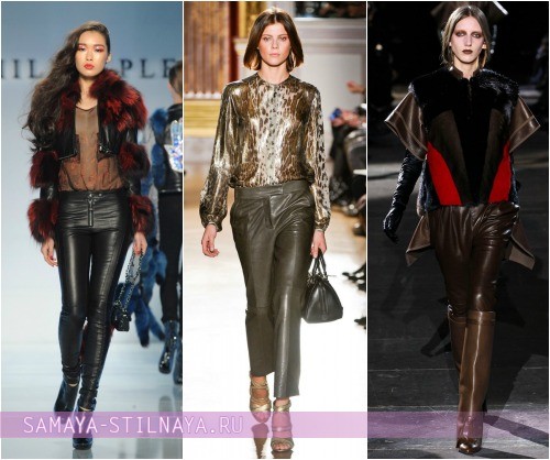 С чем носить кожаные брюки фото, модели Philipp Plein, Barbara Bui, Givenchy