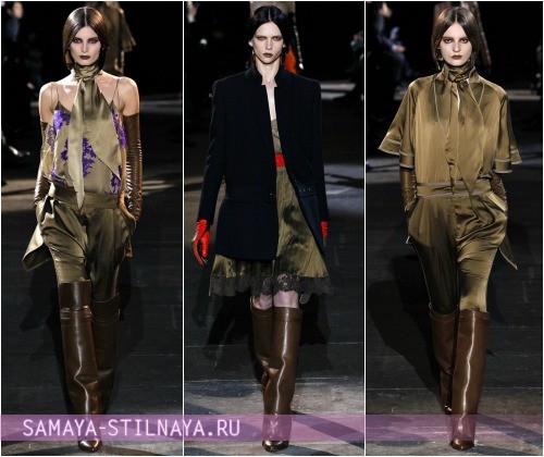 Сочетание коричневых сапог с одеждой зеленого цвета – на фото коллекция Givenchy Осень-Зима 2012-2013