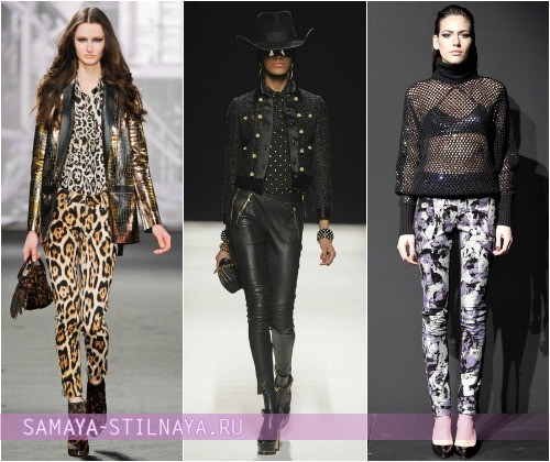 С чем носить леггинсы-брюки – на фото леопардовые Just Cavalli, кожаные Moschino, фантазийные Catherine Malandrino