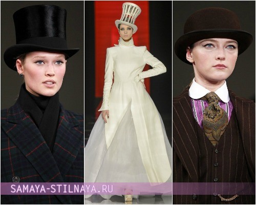 Женские шляпы-цилиндр Осень-Зима 2012-2013 – на фото модели Ralph Lauren, Jean Paul Gaultier, Ralph Lauren