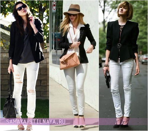 Женский черный пиджак под белые джинсы фото