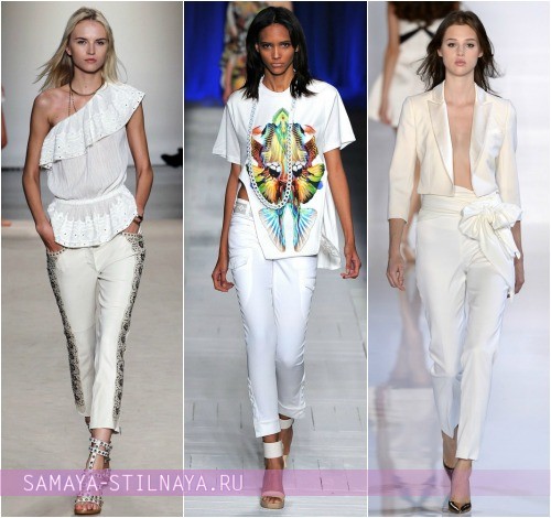 С чем можно носить белые брюки летом, на фото модели Isabel Marant, Just Cavalli, Valentin Yudashkin