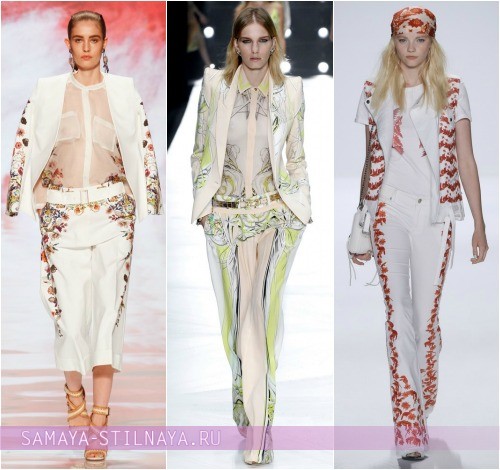 Сочетание белого цвета с яркими узорами в моделях Etro, Roberto Cavalli, Rebecca Minkoff