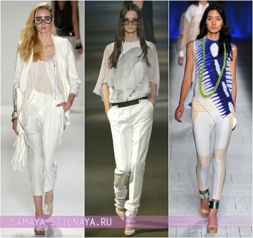 Какие аксессуары сочетаются с брюками белого цвета, на фото Tracy Reese, Prabal Gurung, Just Cavalli