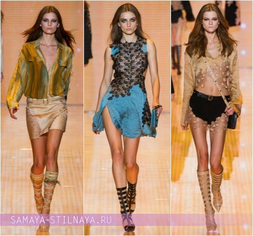 С чем носить летние сапоги гладиаторы, на фото модели Versace