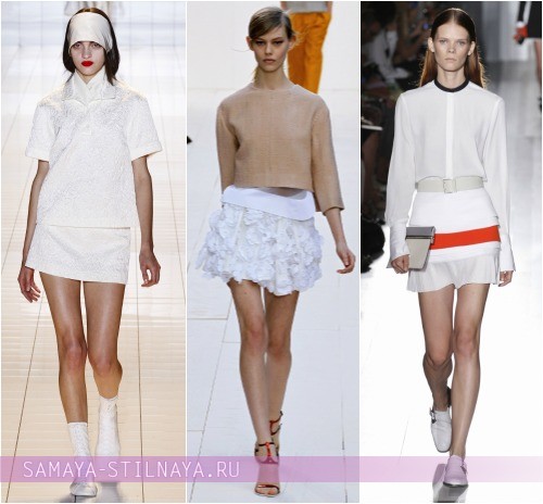 Белые мини-юбки 2013 с чем носить, на фото модели Rochas, Chloe, Victoria Beckham