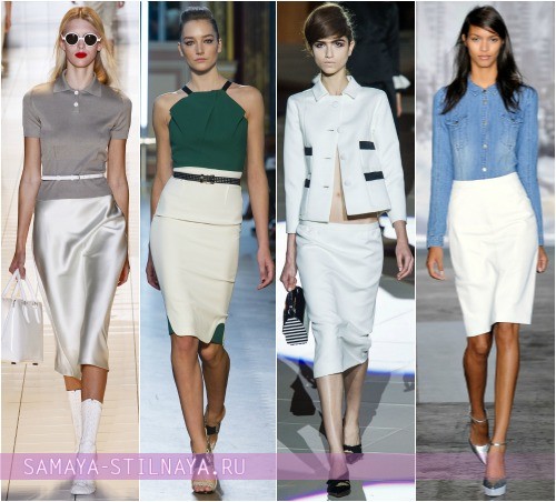 С чем носить белую юбку-карандаш, на фото модели Rochas, Roland Mouret, Marc Jacobs и DKNY