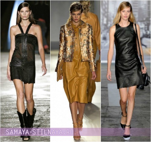 С чем носить кожаные платья, на фото примеры нарядов Diesel Black Gold, Philipp Plein, DKNY